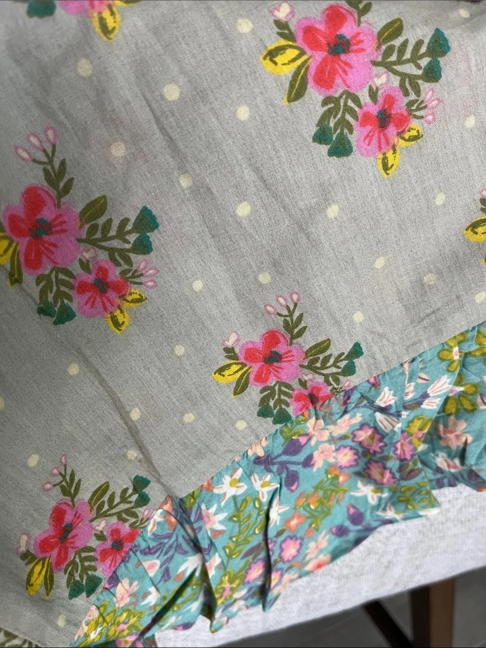 2 Natural Life king Grey Nora floral polkadot Boho pillowcases contrast ruffle